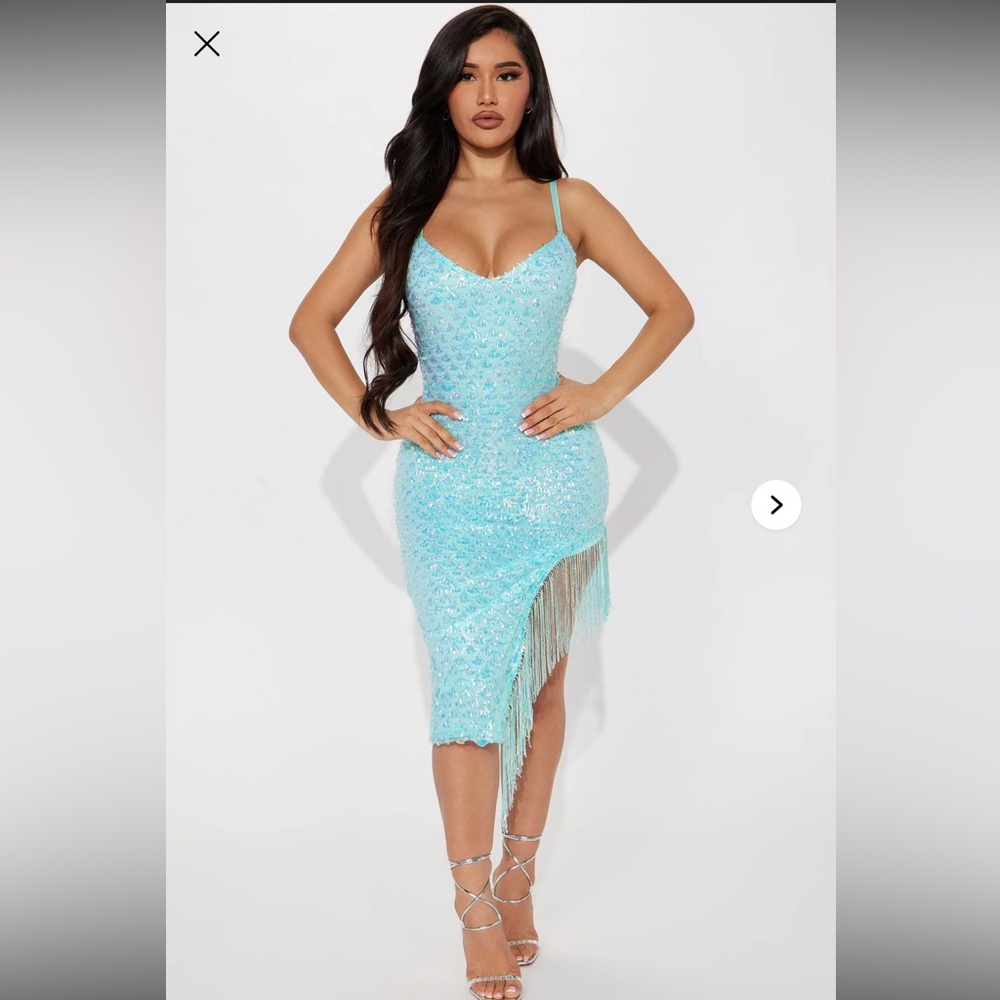 Fashion Nova Beaded Sequin Fringe Dress – Aqua (Size M)